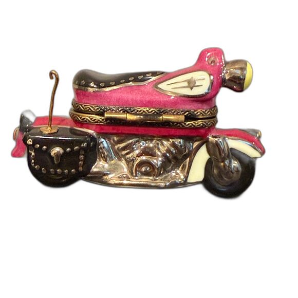 Limoges France Pink Motorcycle Porcelain Trinket Box Hand Painted Collectible - Picture 2 of 6